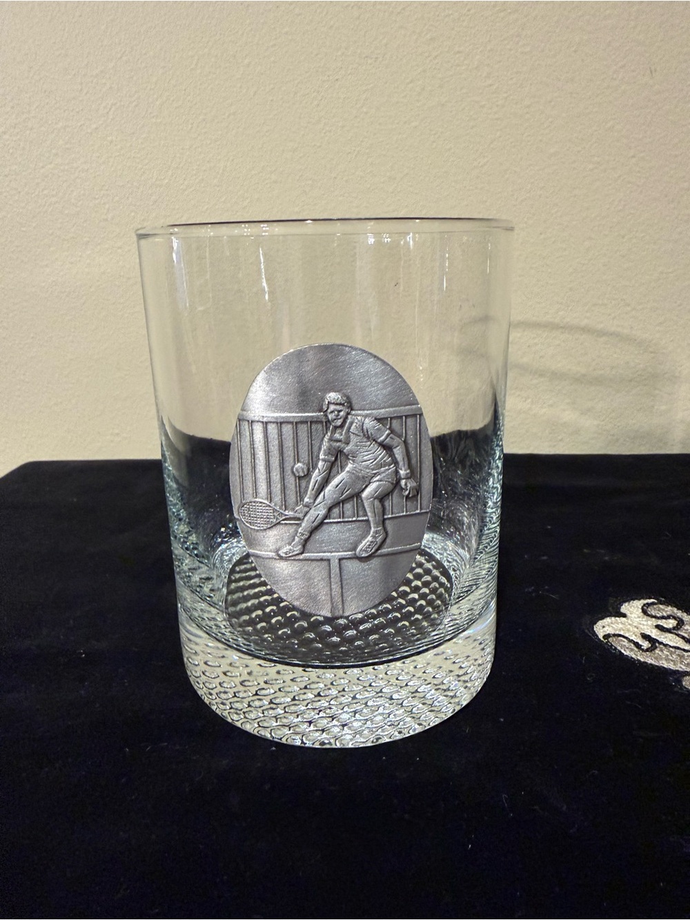 Vintage Glass Tumbler with Pewter Tennis Player Medallion